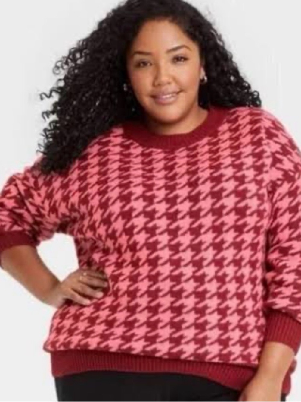 Ava & Viv Red and Pink Houndstooth Crewneck Sweater
